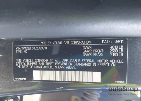 2012 Volvo S60 T5 z USA, uszkodzony, nr VIN YV1622FS1C2099911